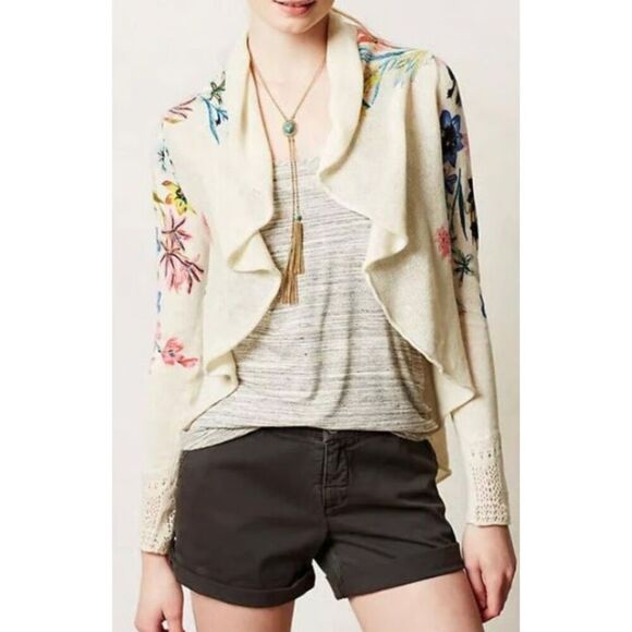 Knitted & Knotted Fleur des Champs Anthropologie FLORAL OPEN Cardigan SWEATER sz - Picture 2 of 10
